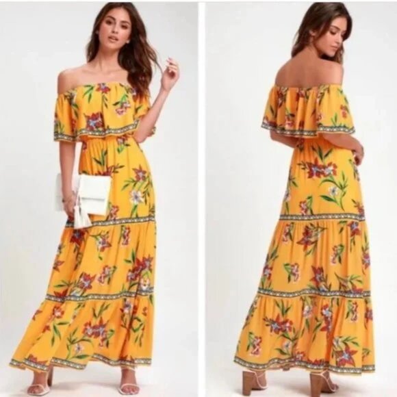 Lulu’s Cancun Cutie Yellow Floral Print Off-the-Shoulder Maxi DressNWOT Sz. L